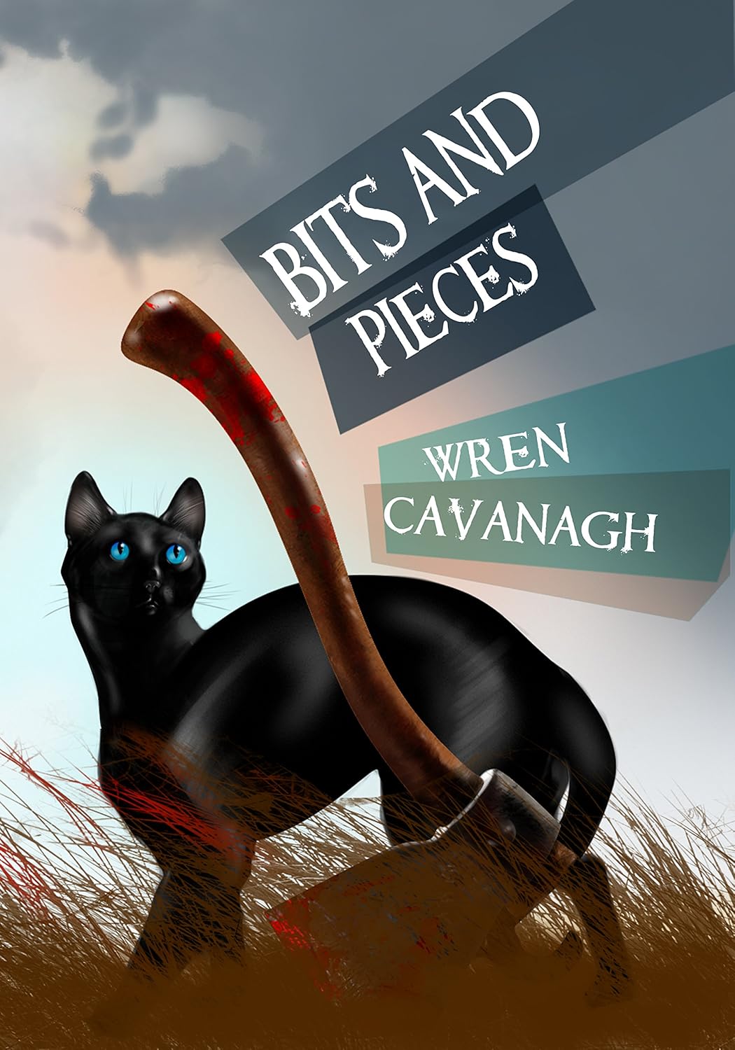 Blue-eyed black cat behind a bloody hatchet